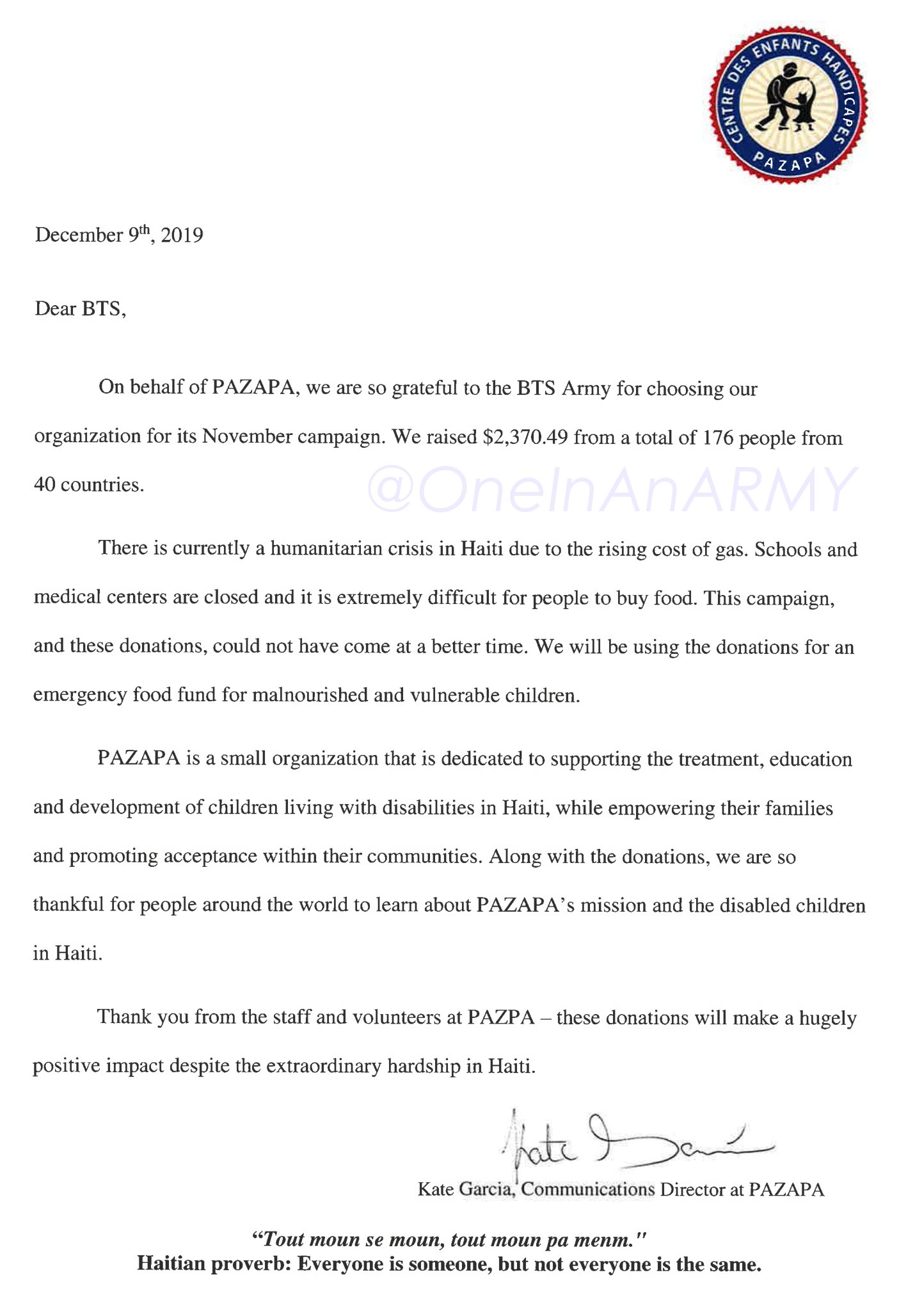 Letter from PAZAPA to ARMY thanking them for their fundraising. The letter states that there is currently a humanitarian crisis in Haiti due to the rising cost of gas so ARMY's donations could not have come at a better time.