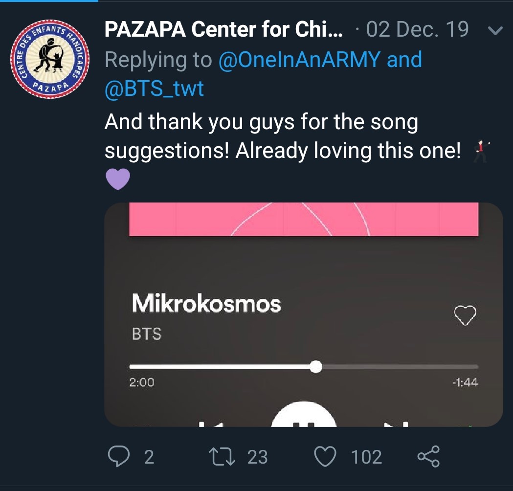 A tweet from PAZAPA that includes a screenshot of BTS' song Mikrokosmos and says "And thank you guys for the song suggestions! Already loving this one!" with a dancing man emoji and purple heart emoji.