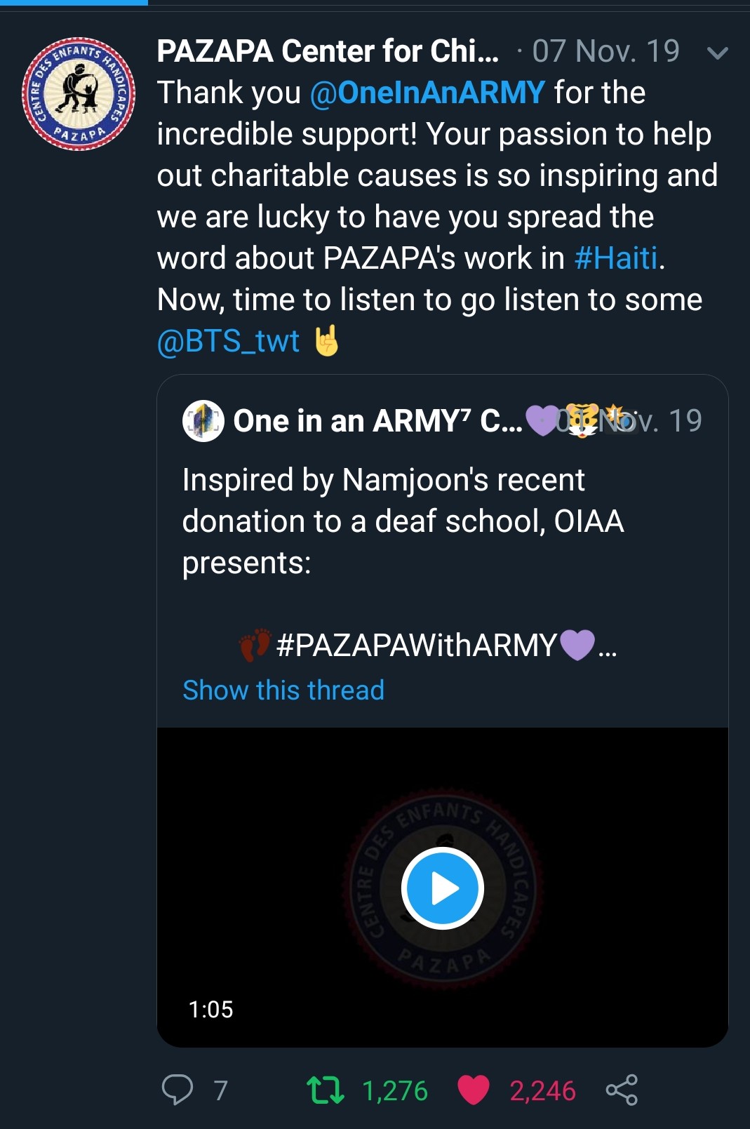 Tweet from PAZAPA that reads "Thank you @OneInAnARMY for the incredible support! Your passion to help out charitable causes is so inspiring and we are lucky to have you spread the word about PAZAPA's work in #Haiti. Now, time to go listen to some @BTS_twt" with the rock on emoji.