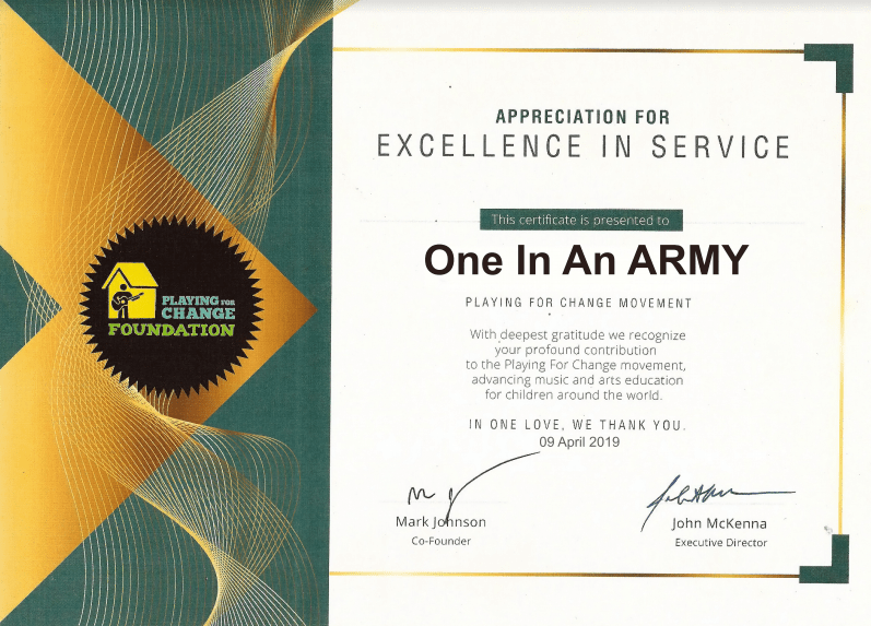 A certificate from the Playing for Change Foundation thanking ARMY for their contribution to the Playing for Change movement