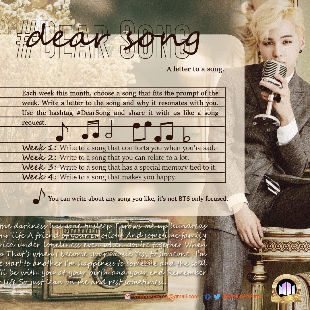 A poster with the instructions for participating in the bonus mission Dear Song. Each week ARMY were instructed to write letters to songs that have special meaning to them. In the background is a photo of Yoongi with blond hair, wearing a suit, and holding a vintage microphone from the 1950s