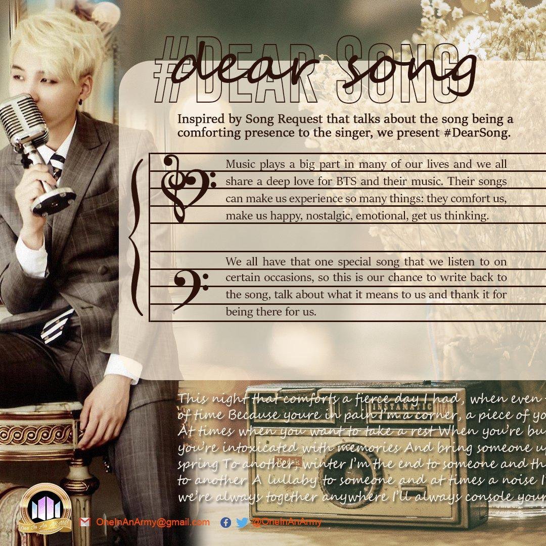 A poster with the instructions for participating in the bonus mission Dear Song. Each week ARMY were instructed to write letters to songs that have special meaning to them. In the background is a photo of Yoongi with blond hair, wearing a suit, and holding a vintage microphone from the 1950s
