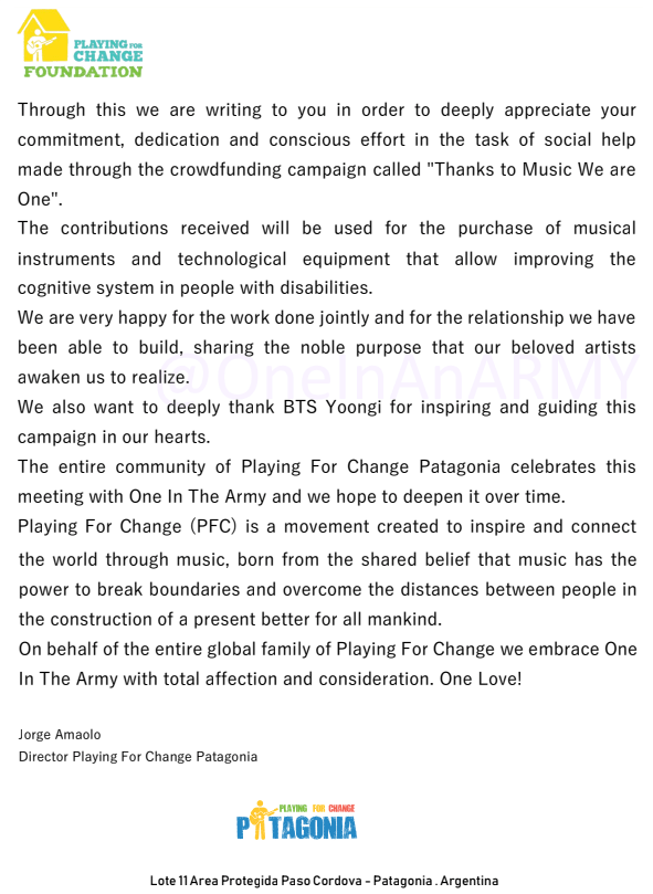 A letter from the Playing for Change Foundation to ARMY thanking them for raising $4,867 to help kids across the globe with the power of music and arts education