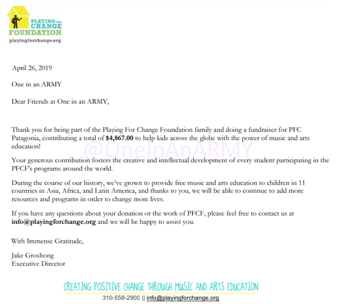 A letter from the Playing for Change Foundation to ARMY thanking them for raising $4,867 to help kids across the globe with the power of music and arts education