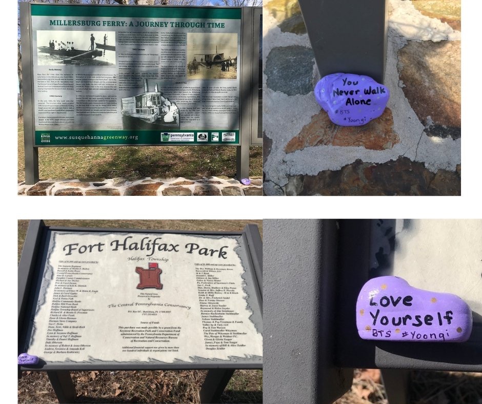 A collage of photos showing a rock painted purple in different locations. The rock has the words "love yourself #BTS #Yoogni" painted on it. The rock is posed with a Fort Halifax Park sign and with a Millersburg Ferry sign.