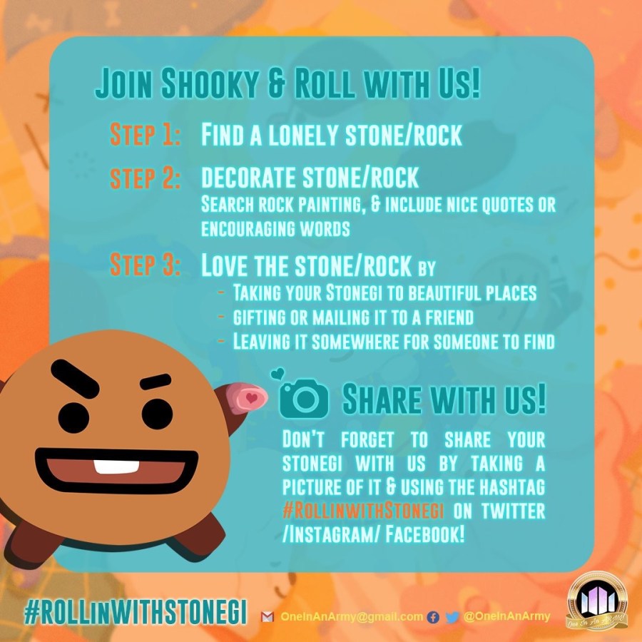 Instructions on how to participate in the Rollin with Stonegi bonus mission. Find a rock, decorate the rock, and love the rock