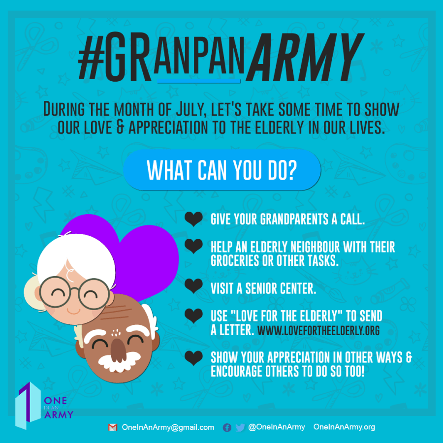 Poster encouraging ARMY to show love and appreciation to the elderly in their lives as part of the GranpanARMY bonus mission. Suggestions include give your grandparents a call, help an elderly neighbour with their groceries or other tasks, visit a senior center, use love for the elderly to send a letter, and show your appreciation in other ways and encourage others to do so too.