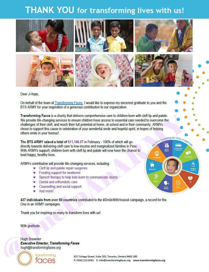 Thank you letter addressed to J-Hope from Transforming Faces. The letter contains images of children with cleft lips and palates. The children range in age from infant to approximately ten years old.