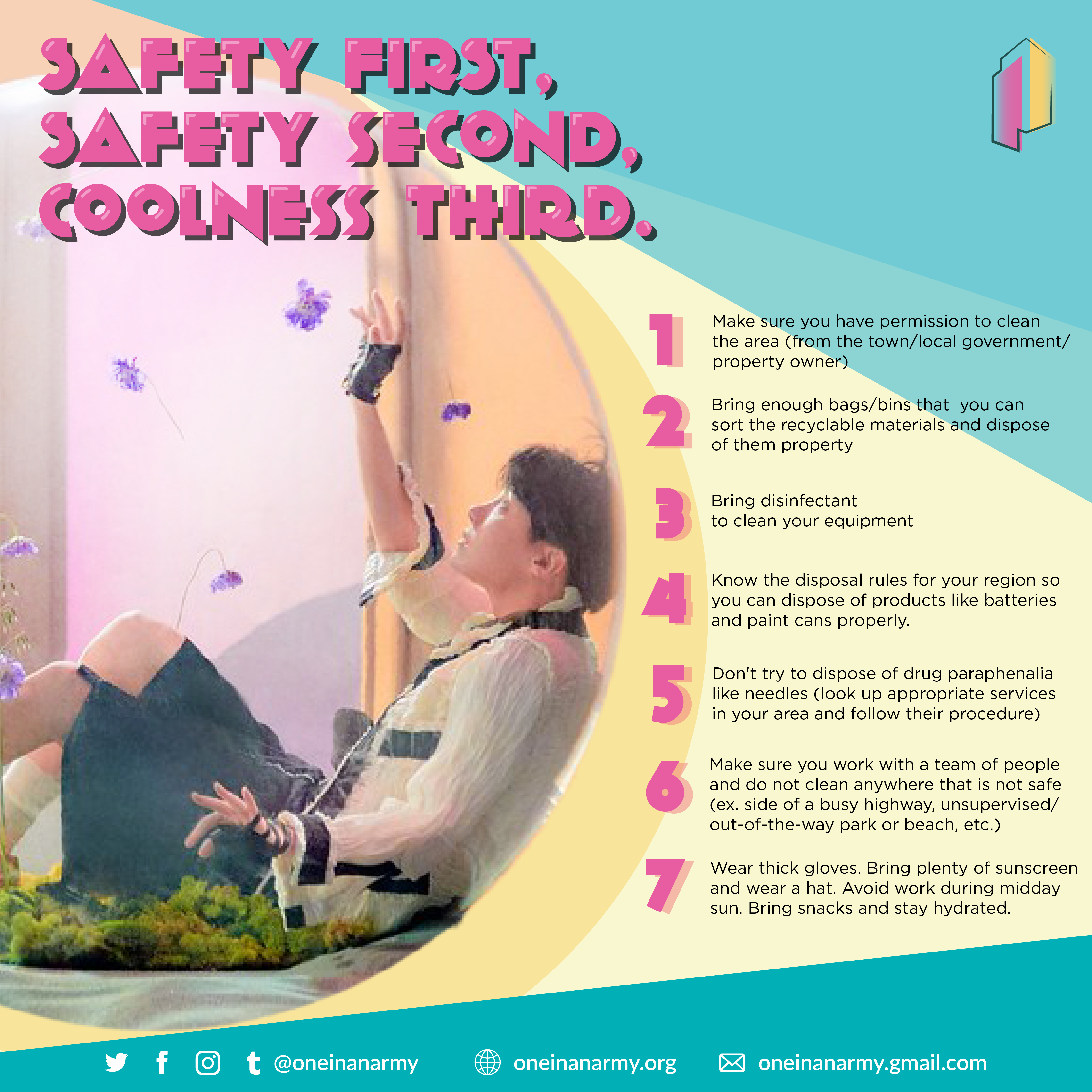 Poster showing safety tips to follow when participating in a community clean up as part of We Purple Earth. Some of the tips are to wear a hat and sunscreen, bring plenty of water and snacks, and bring tweezers or pliers for broken glass. The poster also features one of the concept photos from BTS' album Map of the Soul : Persona. The photo shows Hoseok inside a clear plastic bubble, lying on his back and reaching for a purple flower growing above his head.