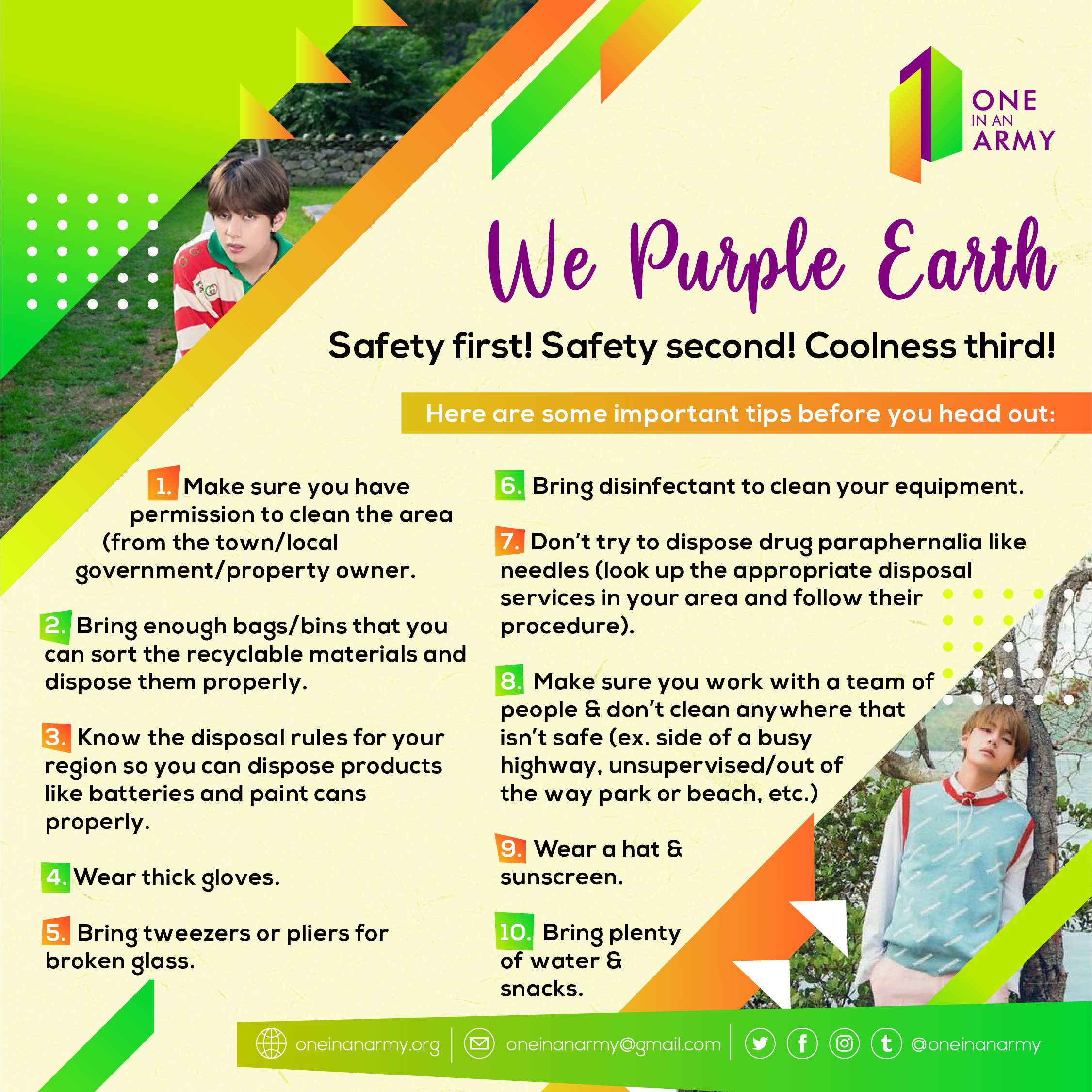 Poster showing safety tips to follow when participating in a community clean up as part of We Purple Earth. Some of the tips are to wear a hat and sunscreen, bring plenty of water and snacks, and bring tweezers or pliers for broken glass. The poster also features two photos of Taehyung with brown hair, looking soulfully at the camera as he sits on a chair in the middle of a lawn and as he leans against a tree.