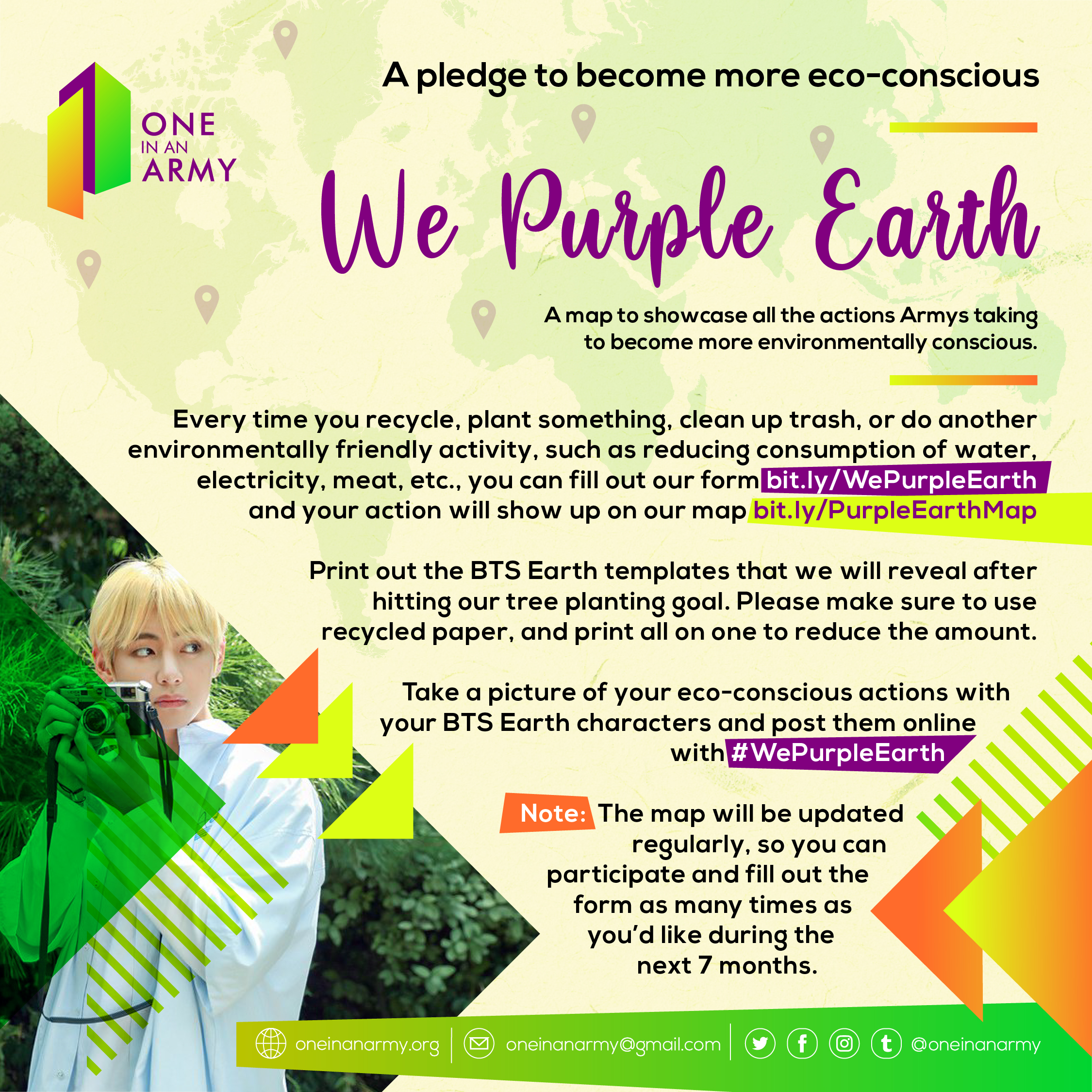 Poster explaining to ARMY how to participate in We Purple Earth. After doing something environmentally friendly, ARMY were encouraged to report their activity on a form. One In An ARMY used the form responses to create a map showing all the projects that were completed.
