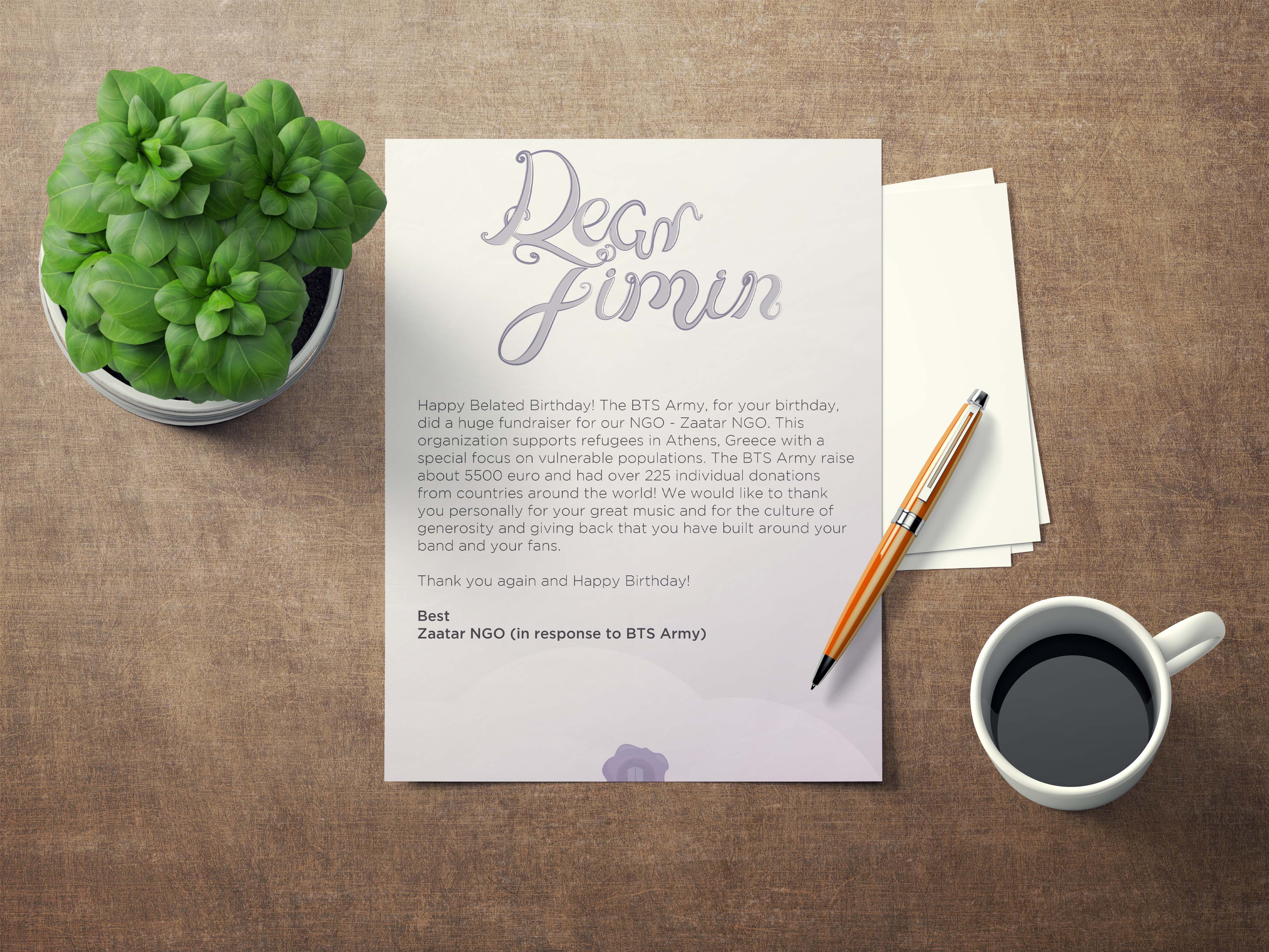 Letter to Jimin from Za'atar NGO thanking him for his music and the culture of generosity and giving back that he has built with BTS and ARMY