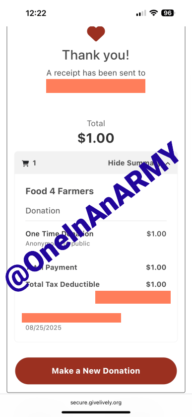 A screenshot of a completed donation. It shows $1.00 USD was donated but covers the donor's email, name, and last four digits of the card number. It's also watermarked with @OneInAnARMY.